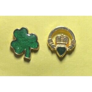 Claddagh Green Heart Love Loyalty Irish Friendship & Shamrock 2 Lucky Pins